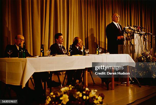 From left to right, Heinz Galinski , president of the Central Council of Jews in Germany, Canadian-American philanthropist Edgar Bronfman, Sr. ,...