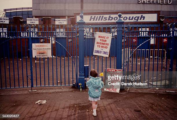 Young girl lays a single flower outside the entrance to Hillsborough Stadium after the stampede which resulted in the deaths of 96 people, Sheffield,...
