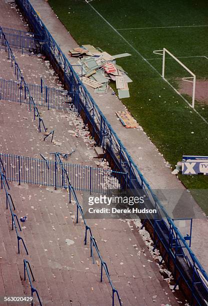 Broken signs and debris at Hillsborough Stadium the day after the stampede which resulted in the deaths of 96 people, Sheffield, 16th April 1989.