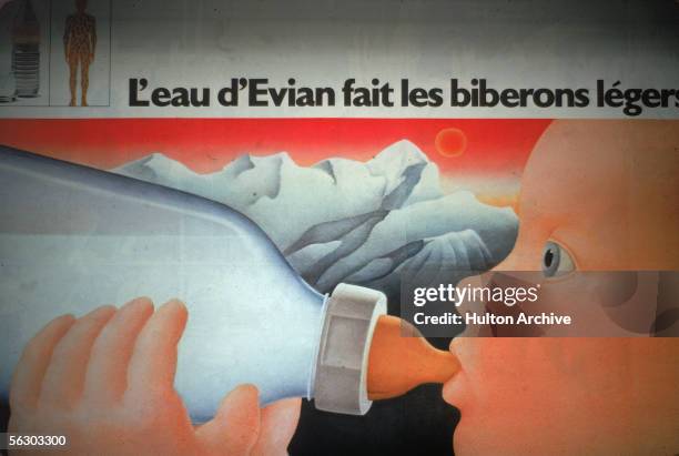 French language poster advertising Evian mineral water and touting its benificial effects for children shows a human baby drinking water from a...