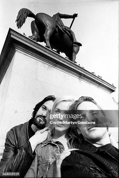 Group portrait of Scottish electronic band One Dove, Trafalgar Square, London, United Kingdom, 1992. L-R Jim McKinven, Dot Allison, Ian Carmichael.