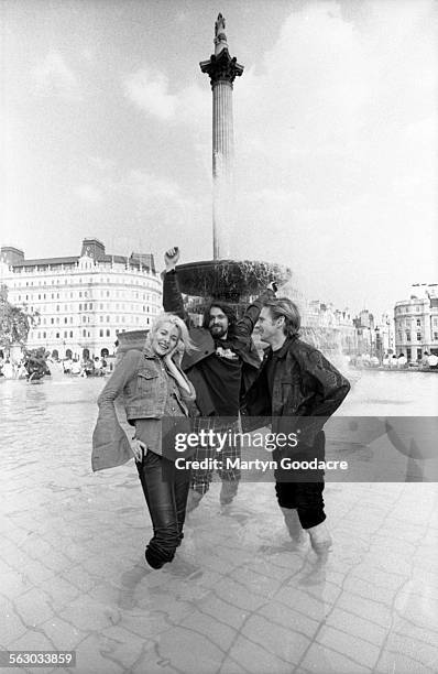 Group portrait of Scottish electronic band One Dove, Trafalgar Square, London, United Kingdom, 1992. L-R Dot Allison, Jim McKinven, Ian Carmichael.