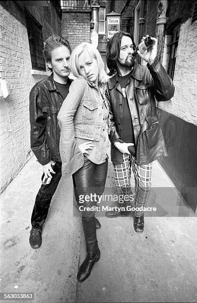 Group portrait of Scottish electronic band One Dove, London, United Kingdom, 1992. L-R Ian Carmichael, Dot Allison, Jim McKinven.