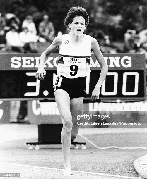 South African middle distance runner Zola Budd competes in a track event at the UK Athletics Championships in Cwmbran, Wales, 1984.