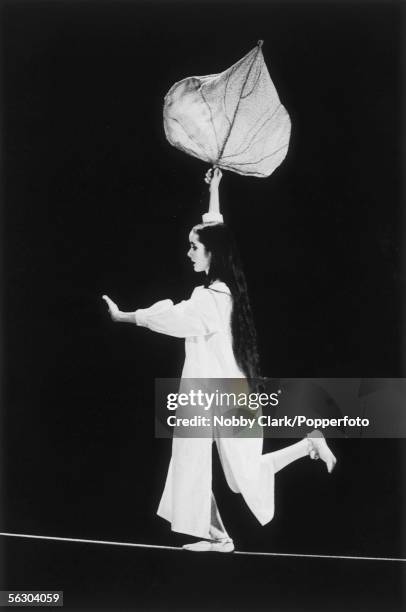 Victoria Chaplin walks a tightrope in 'Le Cirque Imaginaire' at the Riverside Studios, London, 1979.