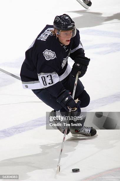 Ales Hemsky of the Edmonton Oilers skates the puck through the netural zone against the Colorado Avalanche at Rexall Place on November 29, 2005 in...