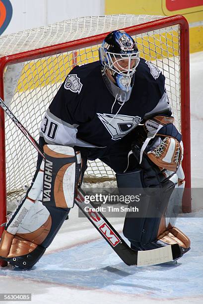 Goaltender Jussi Markkanen of the Edmonton Oilers warms up prior to the game against the Colorado Avalanche at Rexall Place on November 29, 2005 in...