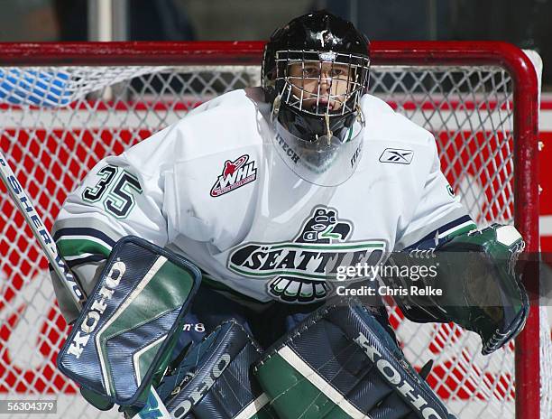 Goaltender Gavin McHale of the Seattle Thunderbirds skates against the Vancouver Giants during the WHL hockey game on October 2, 2005 at Pacific...