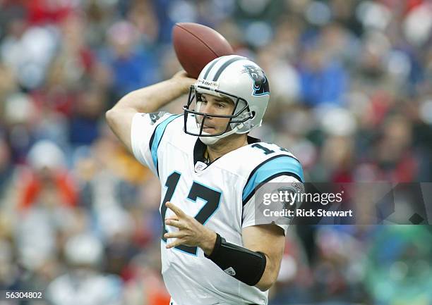 Jake Delhomme of the Carolina Panthers drops back to pass during the NFL game with the Buffalo Bills on November 27, 2005 at Ralph Wilson Stadium in...