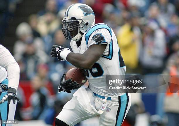 DeShaun Foster of the Carolina Panthers carries the ball during the NFL game with the Buffalo Bills on November 27, 2005 at Ralph Wilson Stadium in...