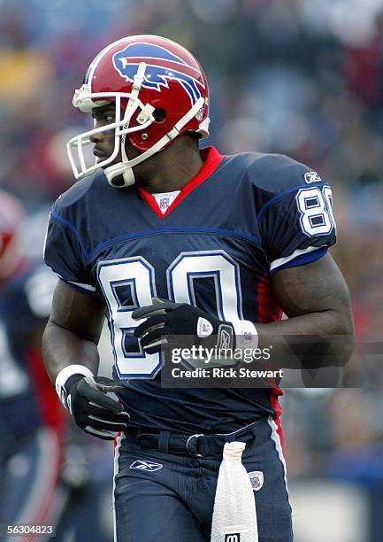 Eric Moulds of the Buffalo Bills stands on the field during the NFL game with the Carolina Panthers on November 27, 2005 at Ralph Wilson Stadium in...