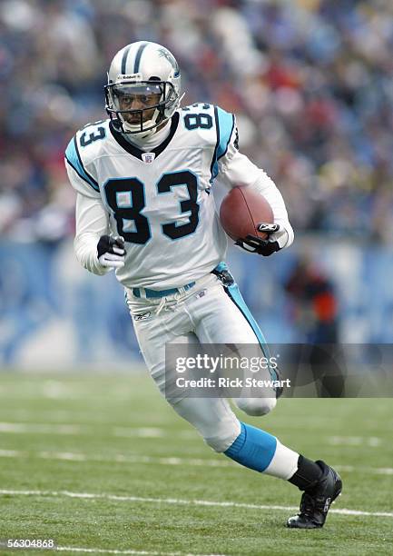 Keary Colbert of the Carolina Panthers carries the ball during the NFL game with the Buffalo Bills on November 27, 2005 at Ralph Wilson Stadium in...