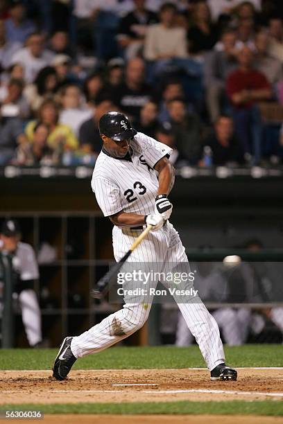 Jermaine Dye of the Chicago White Sox bats during the game against the Cleveland Indians at U.S. Cellular Field on September 20, 2005 in Chicago,...