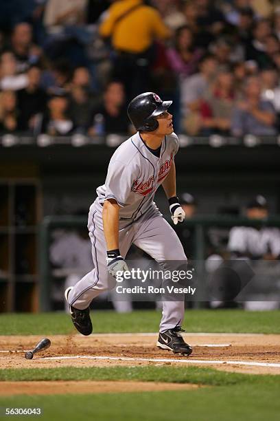 Grady SIzemore of the Cleveland Indians bats during the game against the Chicago White Sox at U.S. Cellular Field on September 20, 2005 in Chicago,...