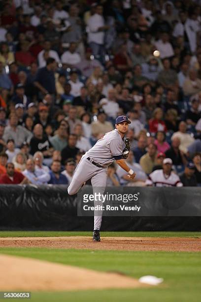 Aaron Boone of the Cleveland Indians fields during the game against the Chicago White Sox at U.S. Cellular Field on September 20, 2005 in Chicago,...