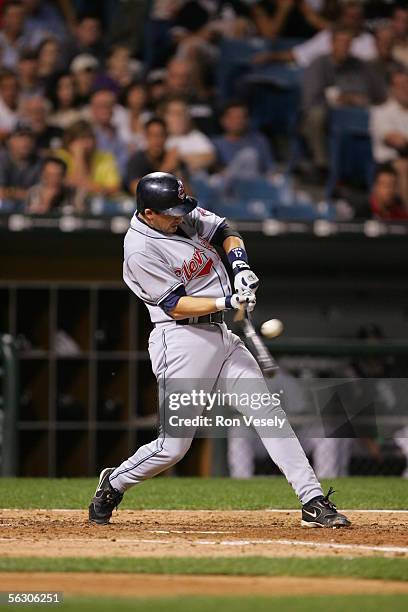 Aaron Boone of the Cleveland Indians bats during the game against the Chicago White Sox at U.S. Cellular Field on September 20, 2005 in Chicago,...