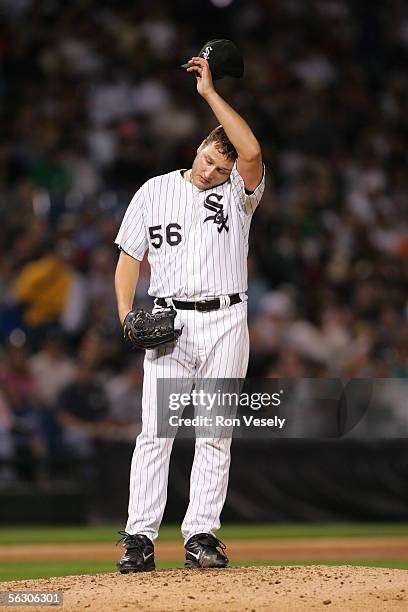 Mark Buehrle of the Chicago White Sox is pictured during the game against the Cleveland Indians at U.S. Cellular Field on September 20, 2005 in...