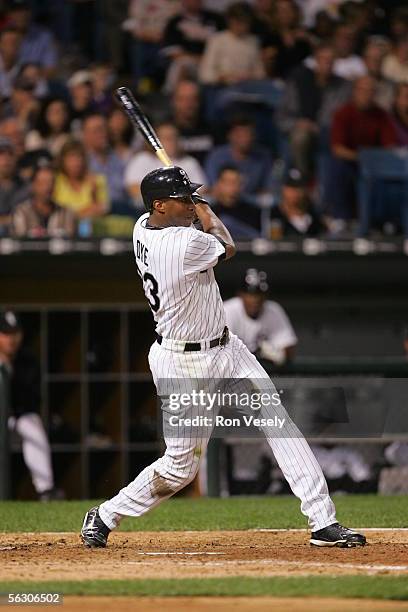 Jermaine Dye of the Chicago White Sox bats during the game against the Cleveland Indians at U.S. Cellular Field on September 20, 2005 in Chicago,...