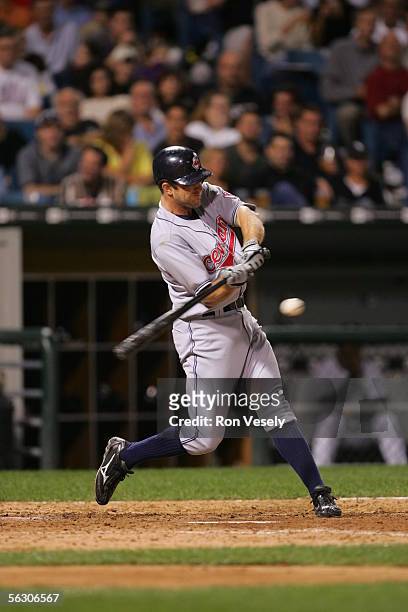 Casey Blake of the Cleveland Indians bats during the game against the Chicago White Sox at U.S. Cellular Field on September 20, 2005 in Chicago,...