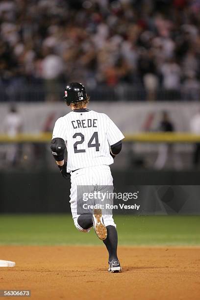 Joe Crede of the Chicago White Sox rounds the bases during the game against the Cleveland Indians at U.S. Cellular Field on September 20, 2005 in...