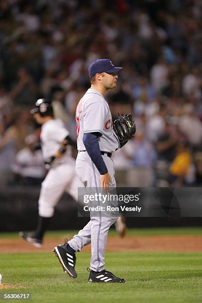 Jake Westbrook of the Cleveland Indians is pictured as Joe Crede of the Chicago White Sox circles the bases during the game at U.S. Cellular Field on...