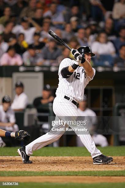 Pierzynski of the Chicago White Sox bats during the game against the Cleveland Indians at U.S. Cellular Field on September 20, 2005 in Chicago,...