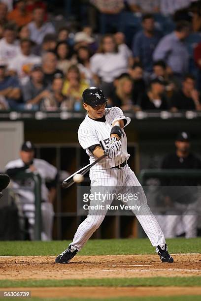 Tadahito Iguchi of the Chicago White Sox bats during the game against the Cleveland Indians at U.S. Cellular Field on September 20, 2005 in Chicago,...