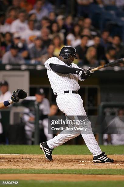 Carl Everett of the Chicago White Sox bats during the game against the Cleveland Indians at U.S. Cellular Field on September 20, 2005 in Chicago,...