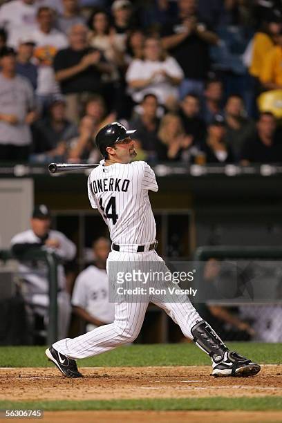 Paul Konerko of the Chicago White Sox bats during the game against the Cleveland Indians at U.S. Cellular Field on September 20, 2005 in Chicago,...