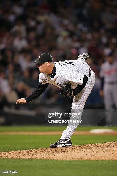 Bobby Jenks of the Chicago White Sox pitches during the game against the Cleveland Indians at U.S. Cellular Field on September 20, 2005 in Chicago,...