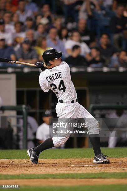 Joe Crede of the Chicago White Sox hits a walk off home run during the bottom of the tenth inning against the Cleveland Indians at U.S. Cellular...
