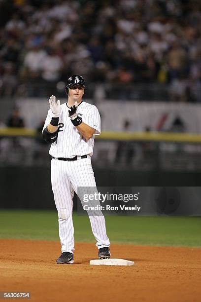 Pierzynski of the Chicago White Sox bats during the game against the Cleveland Indians at U.S. Cellular Field on September 20, 2005 in Chicago,...