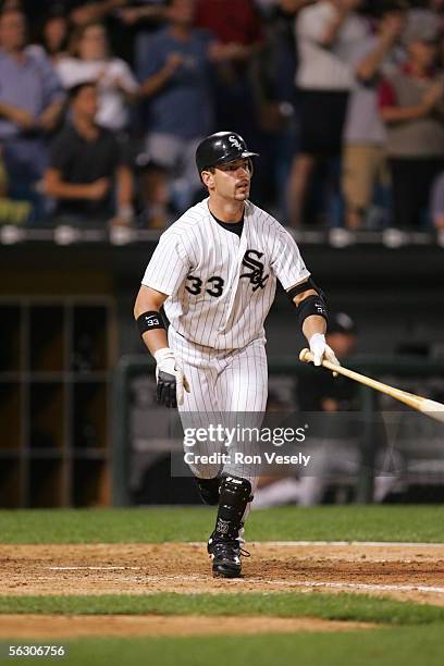 Aaron Rowand of the Chicago White Sox bats during the game against the Cleveland Indians at U.S. Cellular Field on September 20, 2005 in Chicago,...