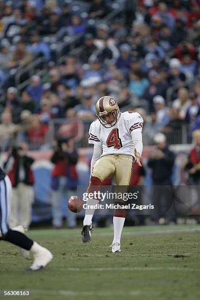 Punter Andy Lee of the San Francisco 49ers punts against the Tennessee Titans at the Coliseum in Nashville, Tennessee on November 27, 2005. The...