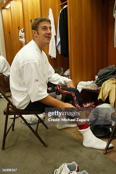 Quarterback Alex Smith of the San Francisco 49ers in the locker room before the game against the Tennessee Titans at the Coliseum in Nashville,...
