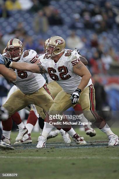 Center Jeremy Newberry of the San Francisco 49ers blocks against the Tennessee Titans at the Coliseum in Nashville, Tennessee on November 27, 2005....