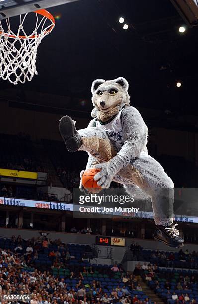 The Minnesota Timberwolves mascot "Crunch" goes up for a slam dunk during a break in the game between the Washington Wizards and the Minnesota...