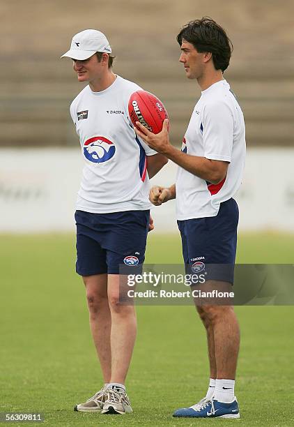 Assistant coachs Stephen Silvagni and Sean Wellman look on during the Western Bulldogs pre season training session at Whitten Oval on December 1,...