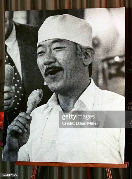 Photo of actor Pat Morita as his character Arnold from the television show "Happy Days" is displayed during a memorial service for him at the Palm...