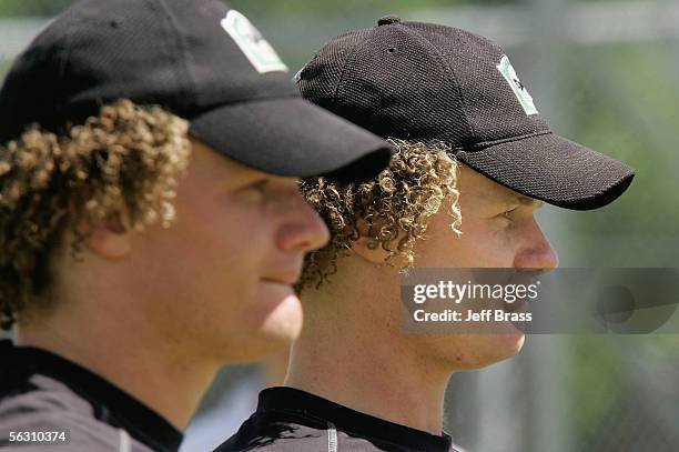 James Marshall and twin brother Hamish Marshall of the New Zealand Black Caps during practice at Eden Park December 01, 2005 in Auckland, New...