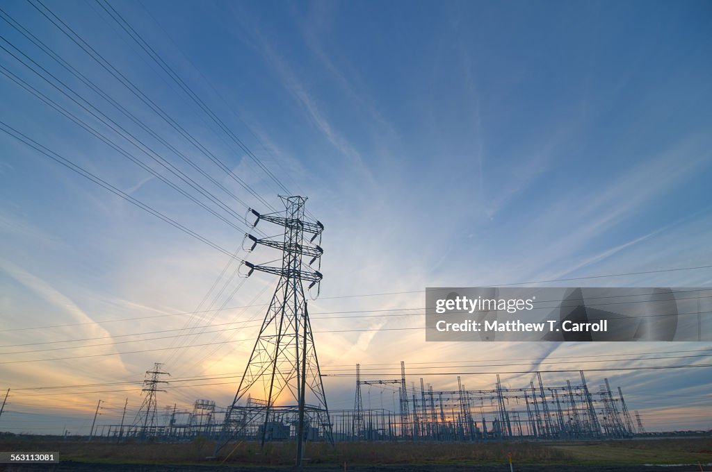 Power lines at sunset