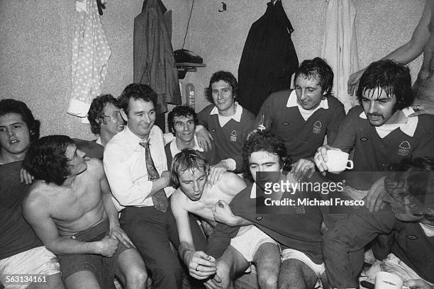 Nottingham Forest manager Brian Clough with his team in the dressing room after their 1-0 victory over Tottenham Hotspur in an FA Cup Third Round...