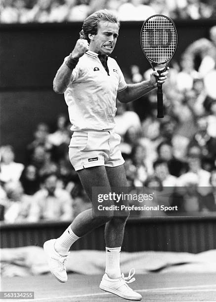 British tennis player John Lloyd pumps his first during play at Wimbledon Tennis Tournament, London, June 1985.