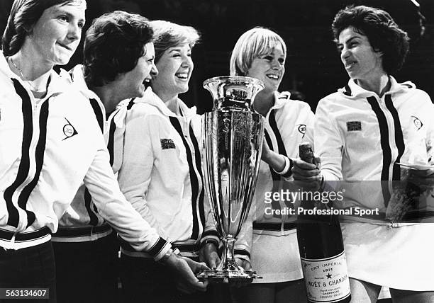 Portrait of the British Wightman Cup team following their victory at the Royal Albert Hall in London in 1978. From left to right: Ann Hobbs, Sue...
