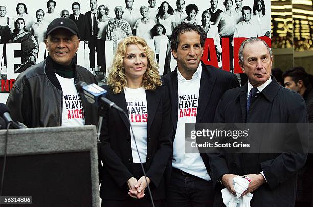 Actor/singer Harry Belafonte, actress Natasha Richardson, designer Kenneth Cole, and mayor Michael Bloomberg pose for a photo during the "We All Have...