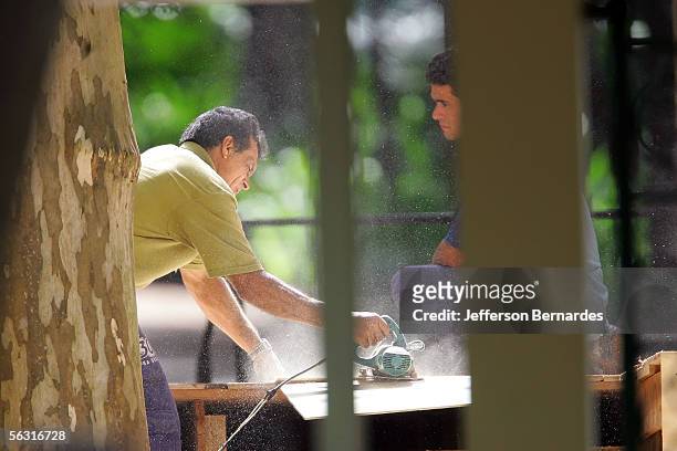 Brazilian workers do final constructions inside the grounds of the Maria Luisa and Oscar Americano Foundation for the wedding of Greek heiress Athina...