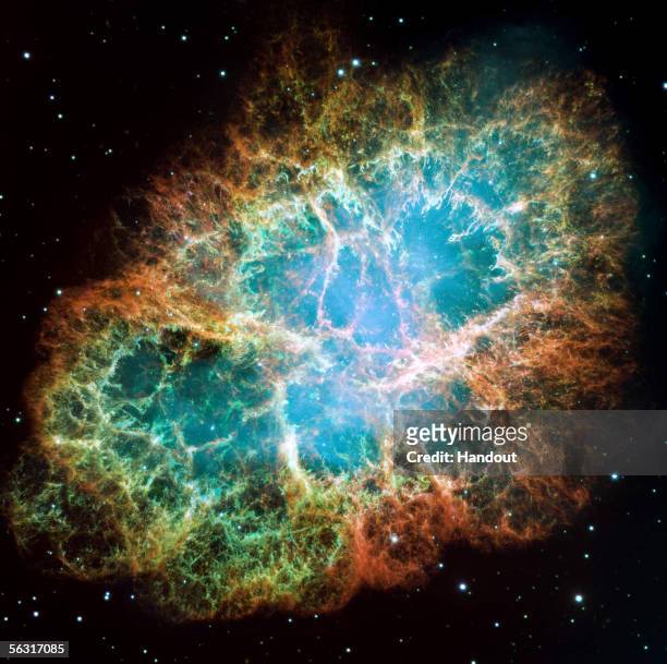 In this handout from NASA, the mosaic image, one of the largest ever taken by NASA's Hubble Space Telescope of the Crab Nebula, shows...