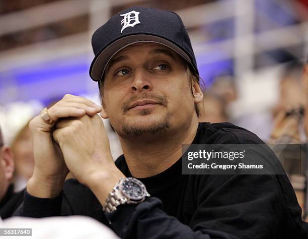 Musician Kid Rock attends the Detroit Red Wings game against the Calgary Flames at Joe Louis Arena on December 1, 2005 in Detroit, Michigan. The...