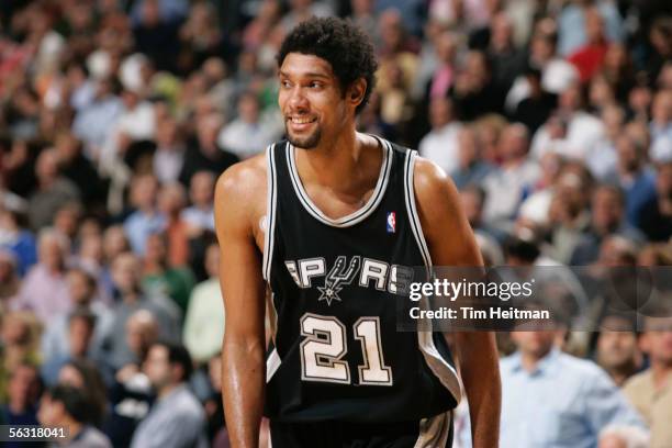 Tim Duncan of the San Antonio Spurs smiles after his team pulled out a 92-90 win against the Dallas Mavericks December 1, 2005 at American Airlines...