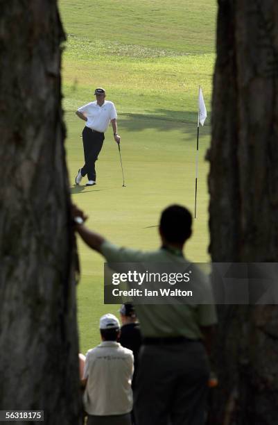 Colin Montgomerie of Scotland looks down the fairway during Day Two of the UBS Hong Kong Open at the Hong Kong Golf Club on December 2, 2005 in...